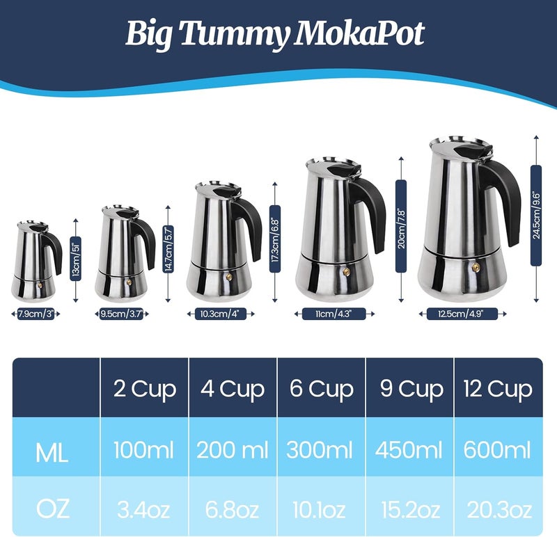 Supvision 9 Cup Moka Pot Stainless Steel 450ml Italian Espresso Coffee Maker Stovetop Coffee Makers Mocha Pot Percolator Greca Coffee Maker for Induction Stove Portable for Easy Brewing Tummy - Image 2