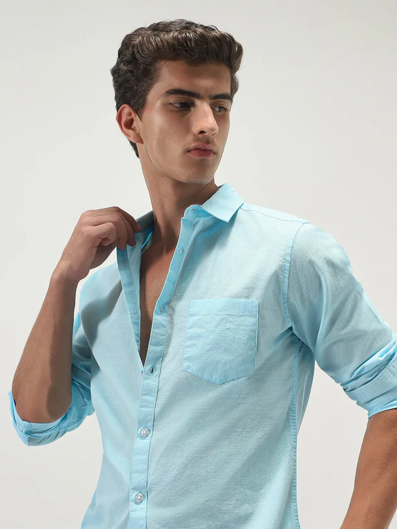 Urbano Fashion  Urbano Fashion Men's Light Blue Cotton Full Sleeve Regular Fit Casual Solid Slub Shirt with Spread Collar  | Best Price UAE