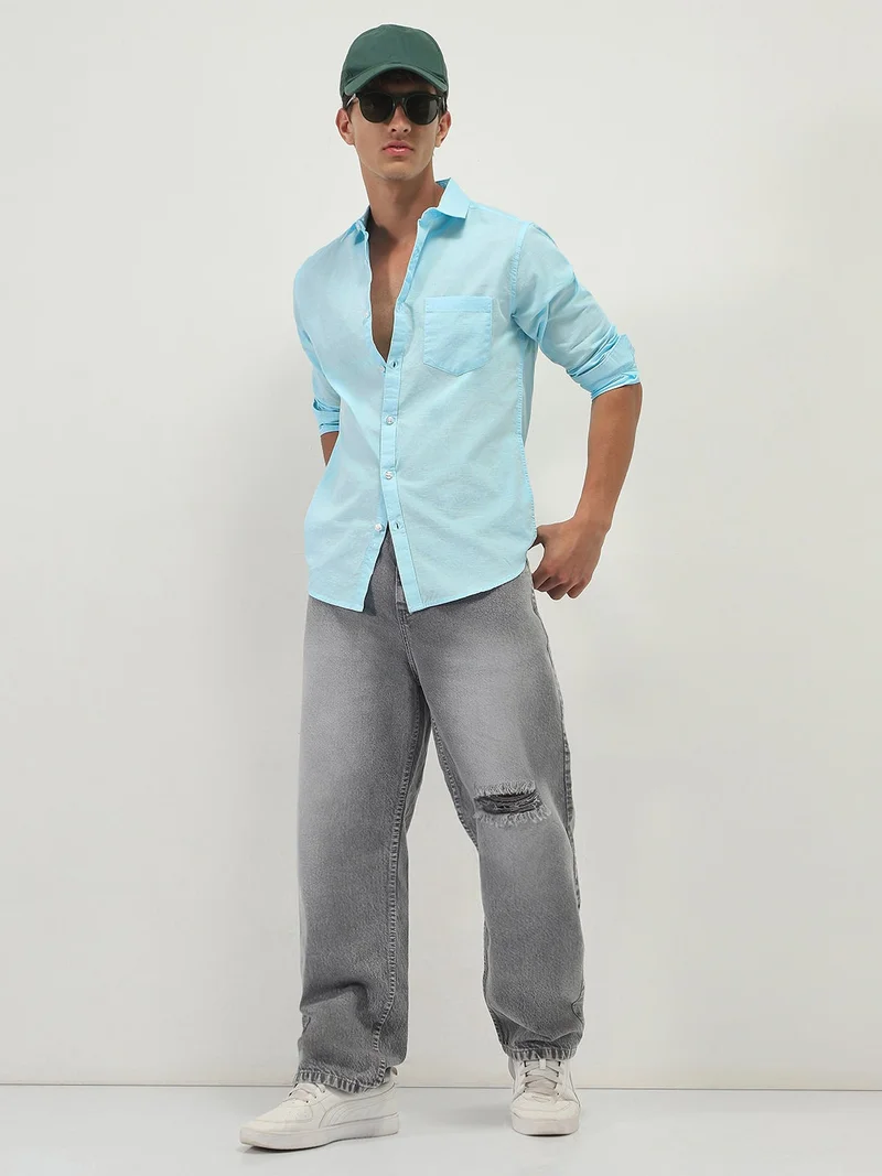 Urbano Fashion  Urbano Fashion Men's Light Blue Cotton Full Sleeve Regular Fit Casual Solid Slub Shirt with Spread Collar  | Best Price UAE