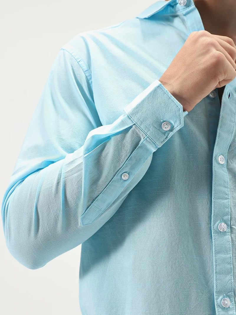 Urbano Fashion  Urbano Fashion Men's Light Blue Cotton Full Sleeve Regular Fit Casual Solid Slub Shirt with Spread Collar  | Best Price UAE