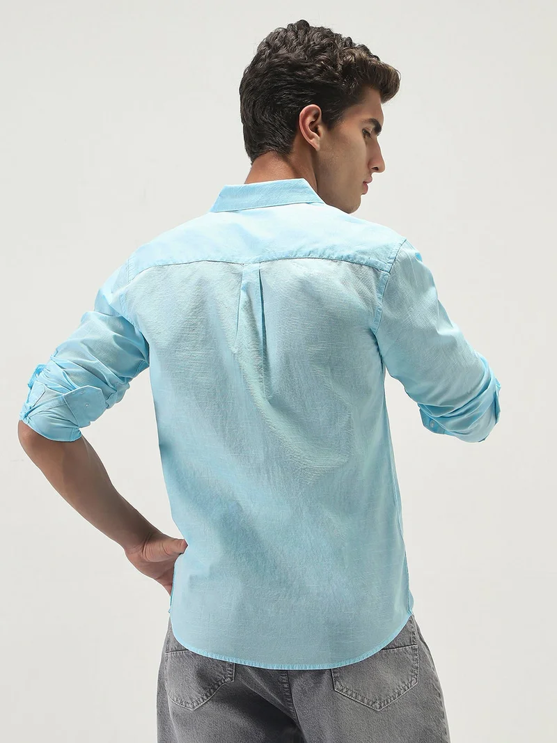 Urbano Fashion  Urbano Fashion Men's Light Blue Cotton Full Sleeve Regular Fit Casual Solid Slub Shirt with Spread Collar  | Best Price UAE
