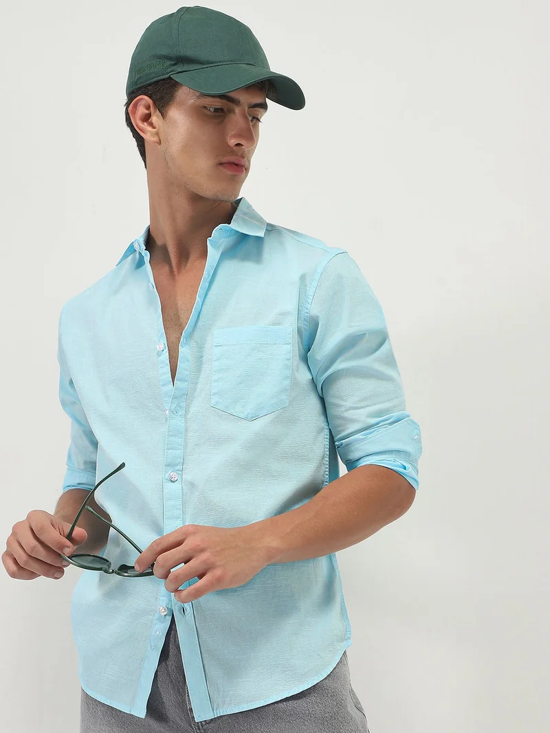Urbano Fashion  Urbano Fashion Men's Light Blue Cotton Full Sleeve Regular Fit Casual Solid Slub Shirt with Spread Collar  | Best Price UAE