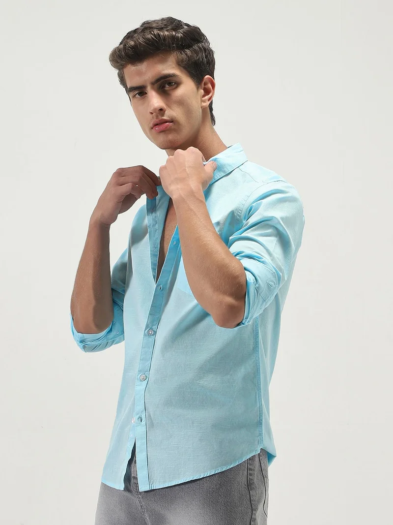 Urbano Fashion Men's Light Blue Cotton Full Sleeve Regular Fit Casual Solid Slub Shirt with Spread Collar