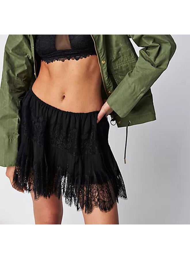 fyclemt Women Y2k Lace Mini Skirt Fairy Mesh Floral Low Rise Pleated Half Slip Skirt Layered Flowy Short Skirt Streetwear, Black, Large - Image 2
