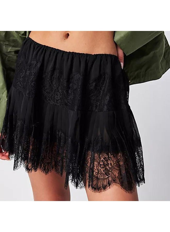 fyclemt Women Y2k Lace Mini Skirt Fairy Mesh Floral Low Rise Pleated Half Slip Skirt Layered Flowy Short Skirt Streetwear, Black, Large - Image 5