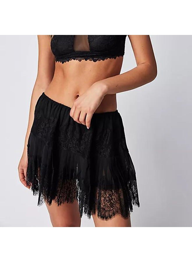 fyclemt Women Y2k Lace Mini Skirt Fairy Mesh Floral Low Rise Pleated Half Slip Skirt Layered Flowy Short Skirt Streetwear, Black, Large - Image 3