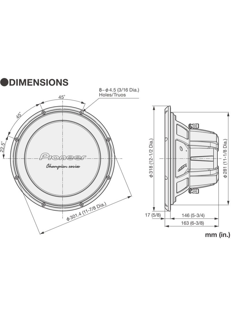بايونير TS-W32D4 مضخم صوت مركب من سلسلة Champion، 30 سم / 12 بوصة، قوة 1500 واط كحد أقصى، 400 واط، ملف صوتي مزدوج (DVC) بمقاومة 4 أوم. - Image 4