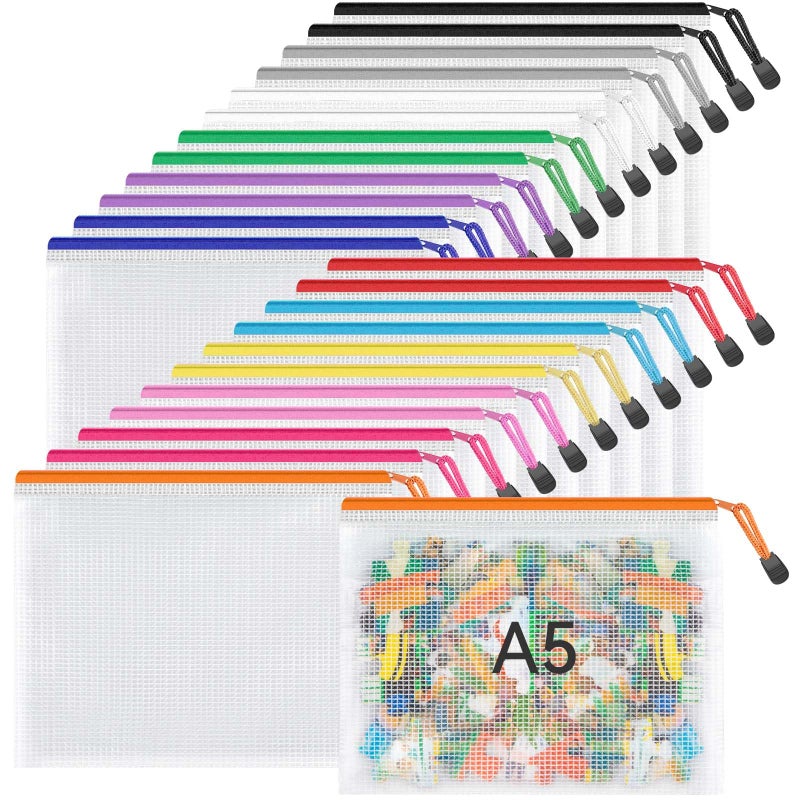 Umriox 24 Pack 12 Colors Small Zipper Pouch, 9.5" x 7.1"/A5 Size Mesh Bags with Zipper, mesh Bags for Puzzles Board Games and Office Supplies Travel Accessories - Image 1
