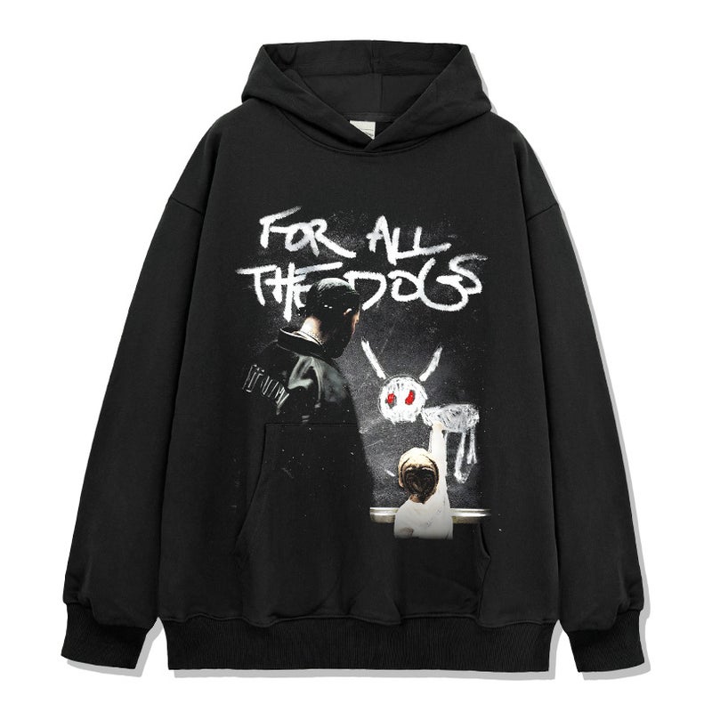 تي شيرت قصير الأكمام مطبوع بتصميم هيب هوب من دريك عابر للحدود، غسول قديم، فضفاض، ثقيل الوزن، ياقة دائرية صغيرة، سحاب أسود. - Image 1