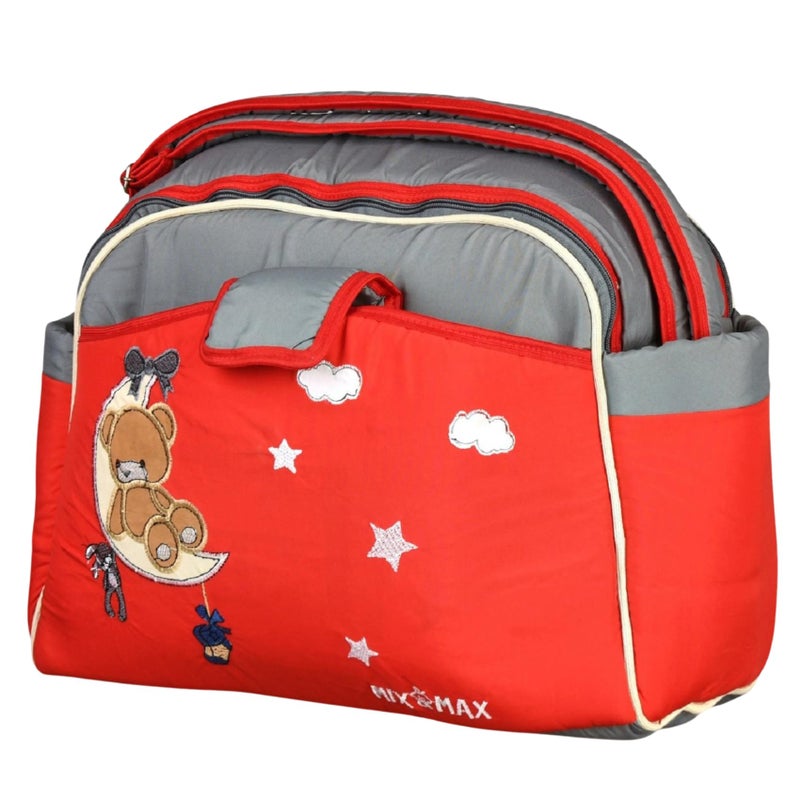 Mix&Max Baby Diaper Shoulder Bag Embroidered Bear For Unisex-Red&Grey
