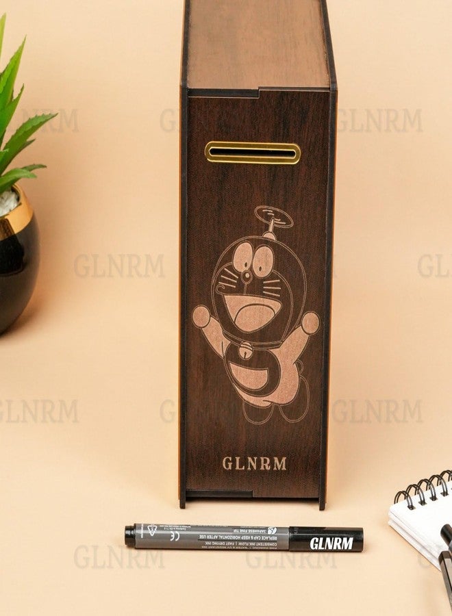 GLNRM حصالة نقود خشبية من GLNRM - صندوق ادخار بـ 100,000 | خزنة نقود | حصالة نقود خشبية بتصميم منحوت للأطفال والكبار | حصالة نقود أنيقة للأطفال (دورايمون) - Image 3