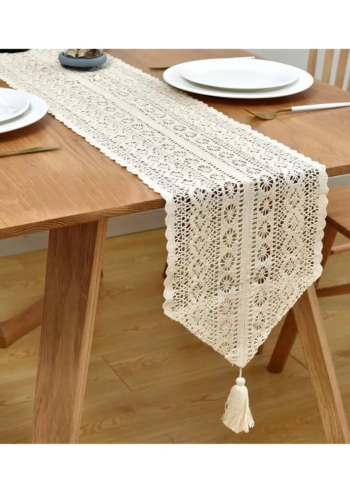 Premium 72 Inch (180cm) Handmade Boho Table Runner - Cotton Crochet Wedding Tablecloth for Arabic Coffee Tables, Luxury Dining Room Decor, Beige Bohemian Home Accessories for Majlis Living Room & Bedroom  - Image 5