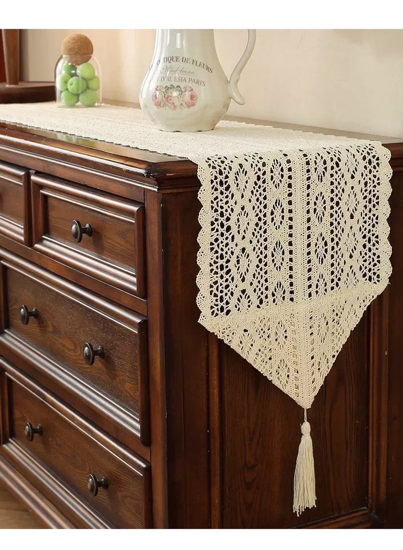 Premium 72 Inch (180cm) Handmade Boho Table Runner - Cotton Crochet Wedding Tablecloth for Arabic Coffee Tables, Luxury Dining Room Decor, Beige Bohemian Home Accessories for Majlis Living Room & Bedroom  - Image 1