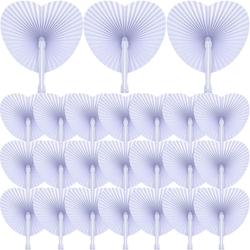 Yulejo 100 Packs Heart Shaped Wedding Folding Fans White Paper Fans Foldable Personalized Fan Decorative Blank Fan Round Handheld Fan with Plastic Fan Handles for Women Guest Wedding Party Pocket Favor