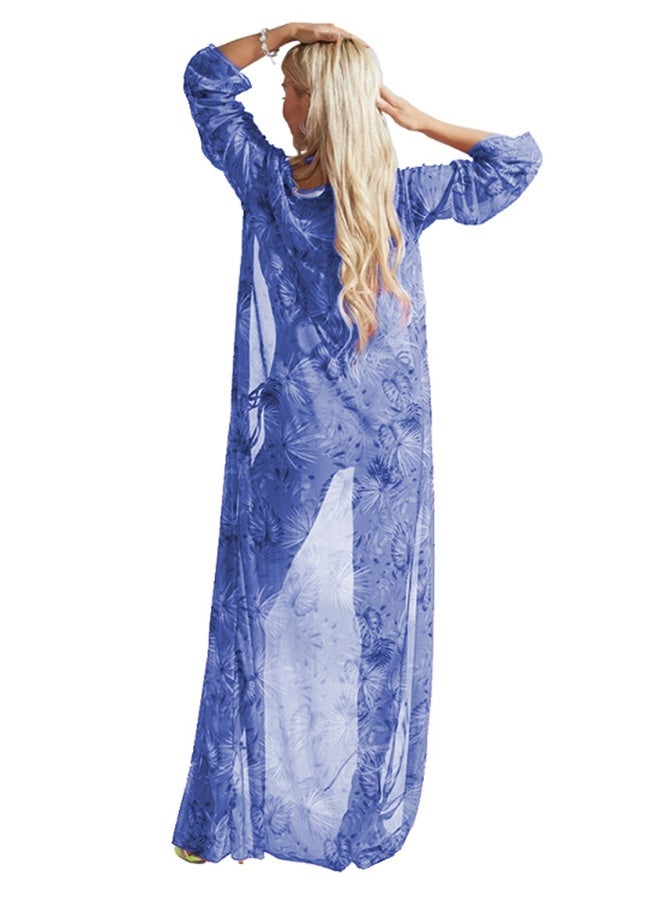 MARGOUN Medium Size Three-piece Digital Printing Bikini Ladies Beach Sunscreen Blouse Swimsuit Long Lace Dress Sheer Dress Sheer Kimono Dress Blue - Image 4