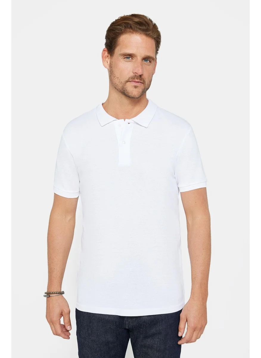 Tudors Men's Slim Fit Narrow Cut Cotton Soft Textured Cool Keeping Fabric Plain Pique White Polo Collar T-Shirt