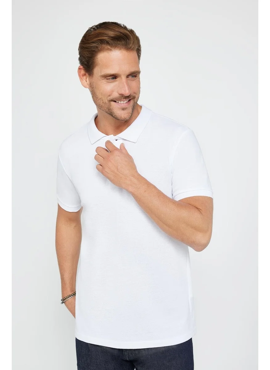 Tudors Men's Slim Fit Narrow Cut Cotton Soft Textured Cool Keeping Fabric Plain Pique White Polo Collar T-Shirt