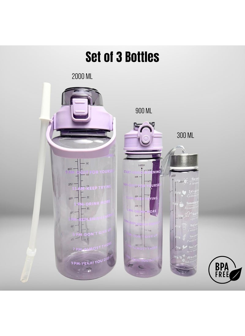 MEBO MEBO Set of 3 Transparent Water Bottles with Time Markers  Straw  Includes 2000ml 900ml and 300ml Reusable Water Bottles for Gym Travel and Sports with Fun Motivational Stickers Multicolor  - Image 2