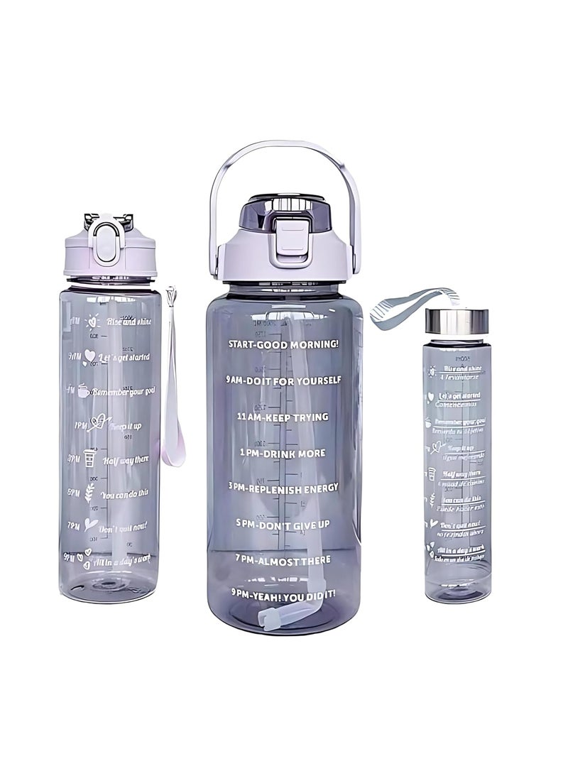 MEBO MEBO Set of 3 Transparent Water Bottles with Time Markers  Straw  Includes 2000ml 900ml and 300ml Reusable Water Bottles for Gym Travel and Sports with Fun Motivational Stickers Multicolor  - Image 1