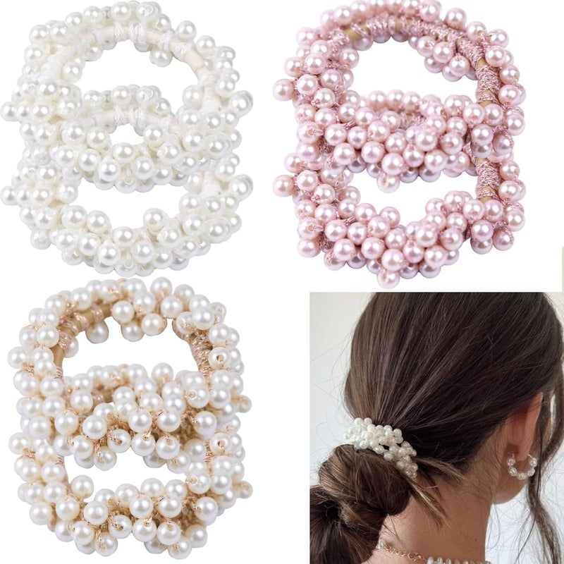 LAPOHI 6 Packs Pearl Hair Ties Elastic Scrunchies Stretchy Bands Bead Ropes Hair Accessories for Women Girls Ponytail Thick Hair WhiteGoldPink