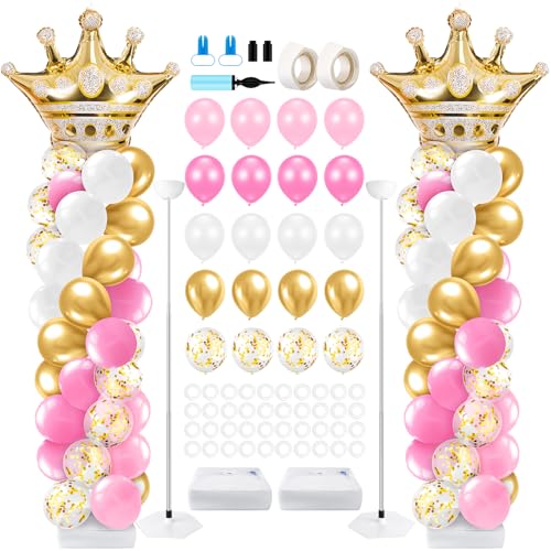 Kasyat 2 Sets Princess Party Balloon Column Stand Kit with 2 Crown Foil Balloons 100 Latex Balloons Adjustable Stands Pink and Gold Balloon Stand Kit for Baby Shower Birthday Party Supplies - Image 1