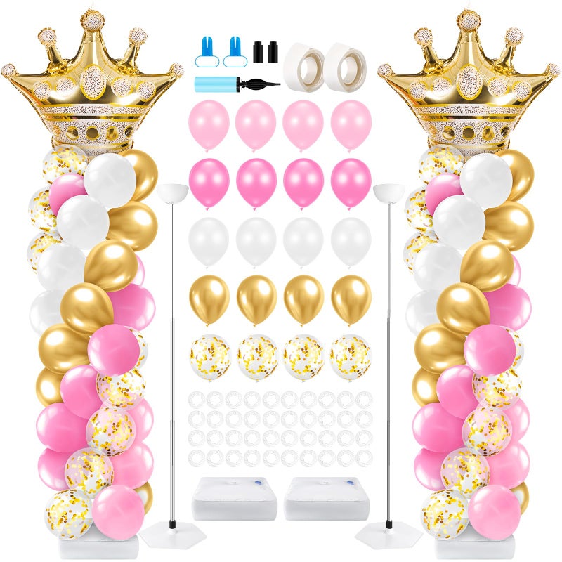 Kasyat 2 Sets Princess Party Balloon Column Stand Kit with 2 Crown Foil Balloons 100 Latex Balloons Adjustable Stands Pink and Gold Balloon Stand Kit for Baby Shower Birthday Party Supplies - Image 3