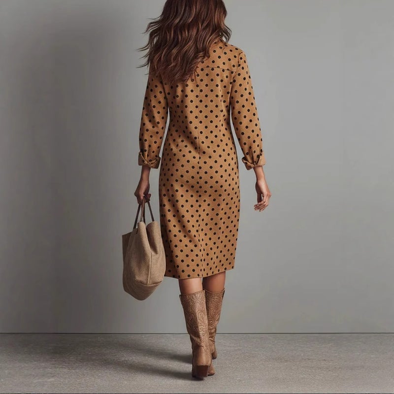 French Elegant V-Neck Pleated Waist Long Sleeve Polka Dot Dress - Image 2