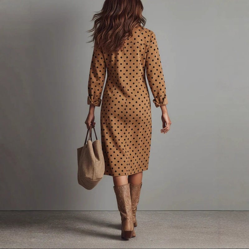 French Elegant V-Neck Pleated Waist Long Sleeve Polka Dot Dress - Image 4