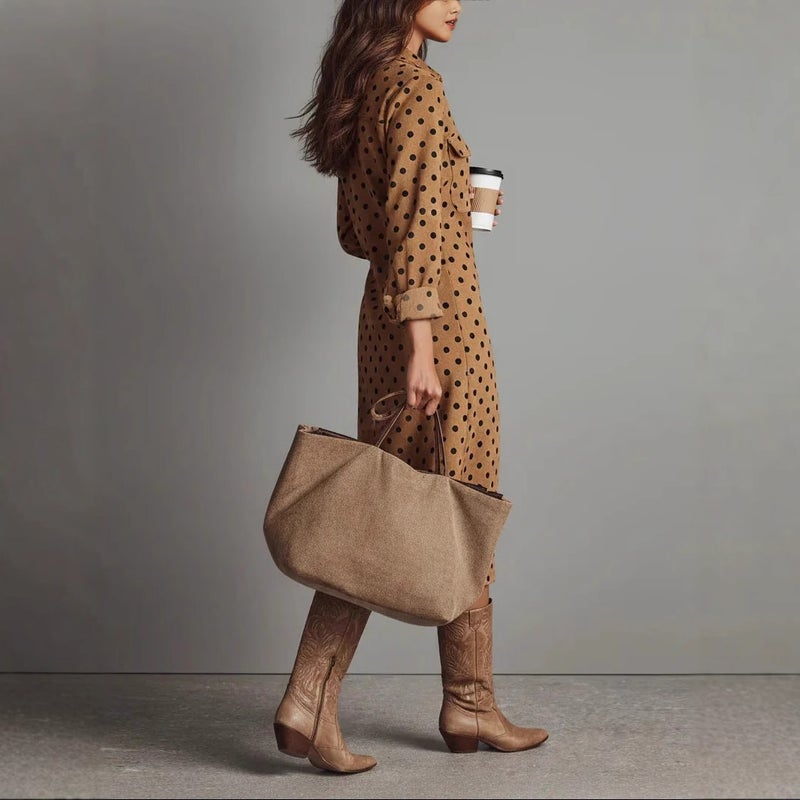 French Elegant V-Neck Pleated Waist Long Sleeve Polka Dot Dress - Image 3