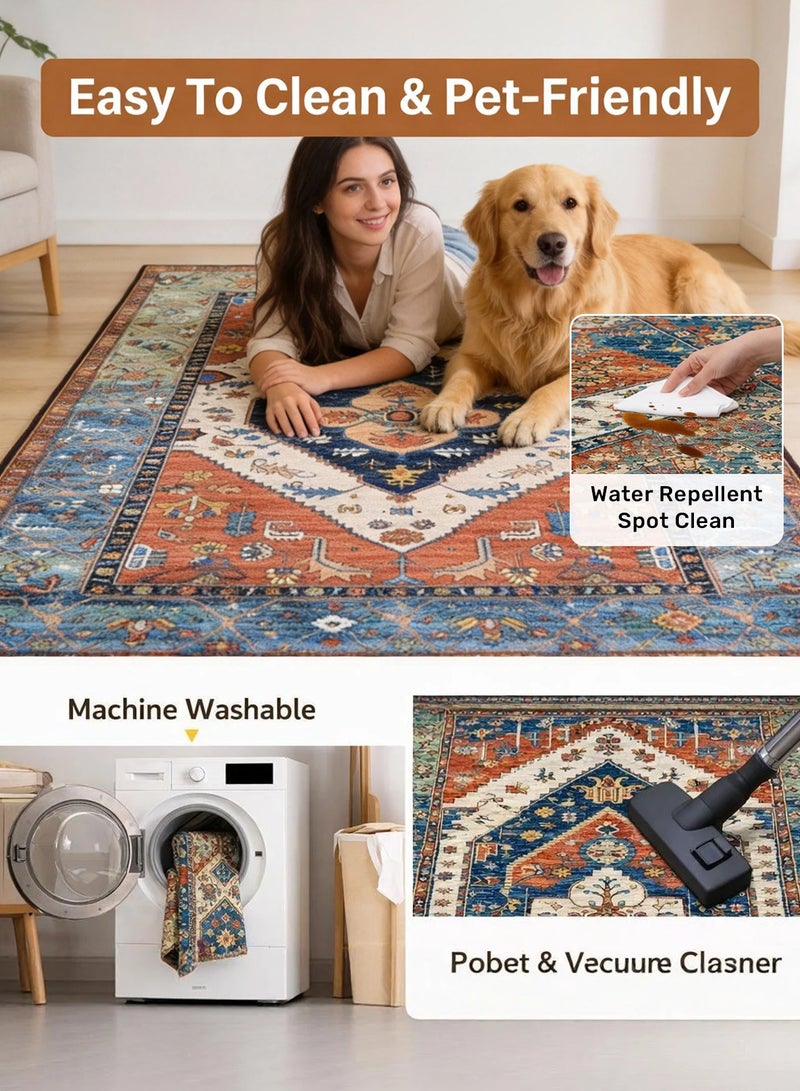 TELANPU 160*230cm Machine Washable Area Rugs with Non-Slip Backing, Ideal for Hallway, Living Room, Bedroom, Kitchen and Laundry Room, Vintage Moroccan and Low Pile Rug，160*230cm，Machine Washable Area Rugs with Non-Slip Backing, Ideal for Hallway, Living Room, Bedroom,Living Bedroom Office Dining Room, Bohemian Area Rugs and Low Pile Rug - Image 5