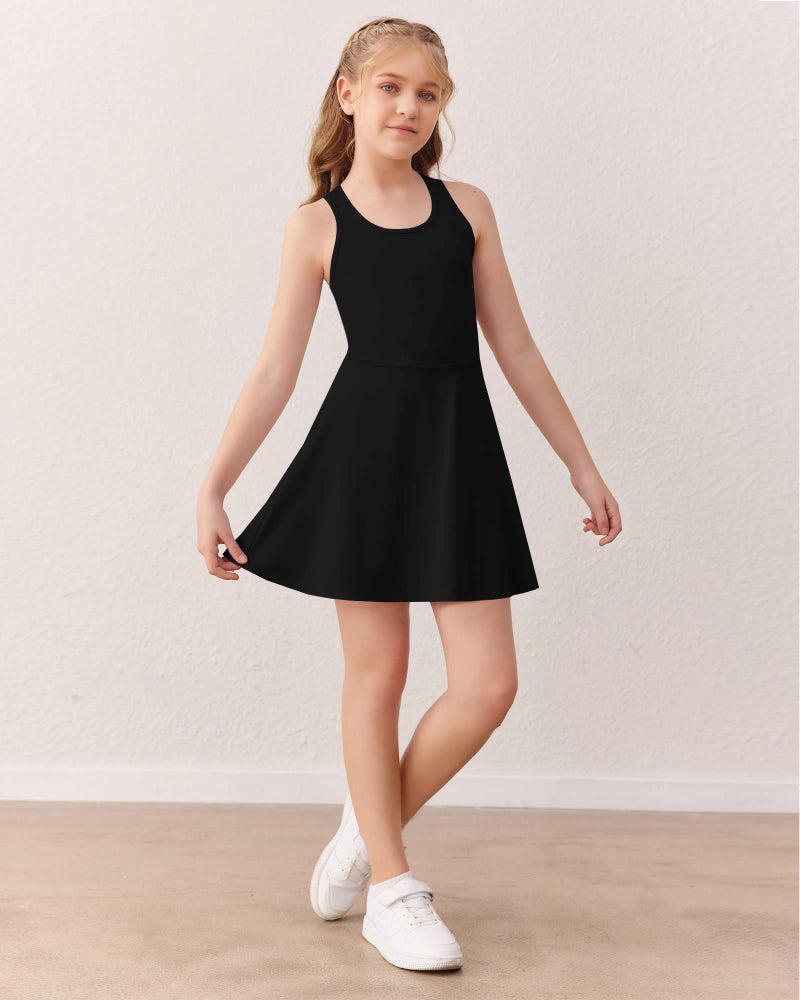 Haloumoning Girls Sleeveless Tennis Dress Kids Racerback Golf Dress School Sports Dresses Outfit with Shorts Pockets Black - Image 3