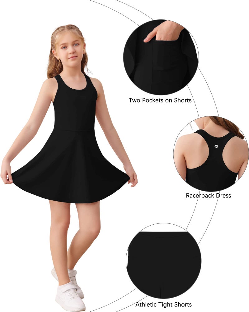 Haloumoning Girls Sleeveless Tennis Dress Kids Racerback Golf Dress School Sports Dresses Outfit with Shorts Pockets Black - Image 5