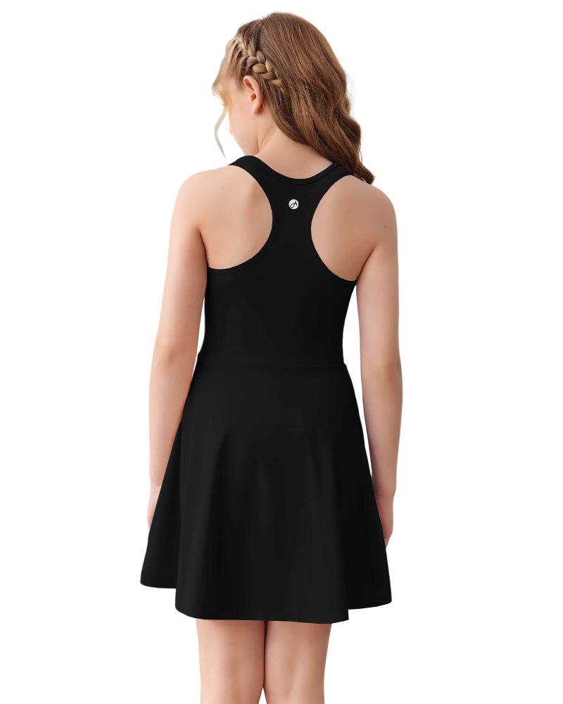 Haloumoning Girls Sleeveless Tennis Dress Kids Racerback Golf Dress School Sports Dresses Outfit with Shorts Pockets Black - Image 2