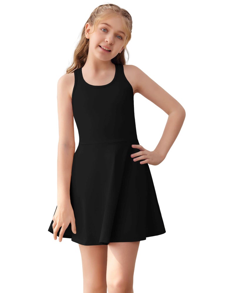 Haloumoning Girls Sleeveless Tennis Dress Kids Racerback Golf Dress School Sports Dresses Outfit with Shorts Pockets Black - Image 1