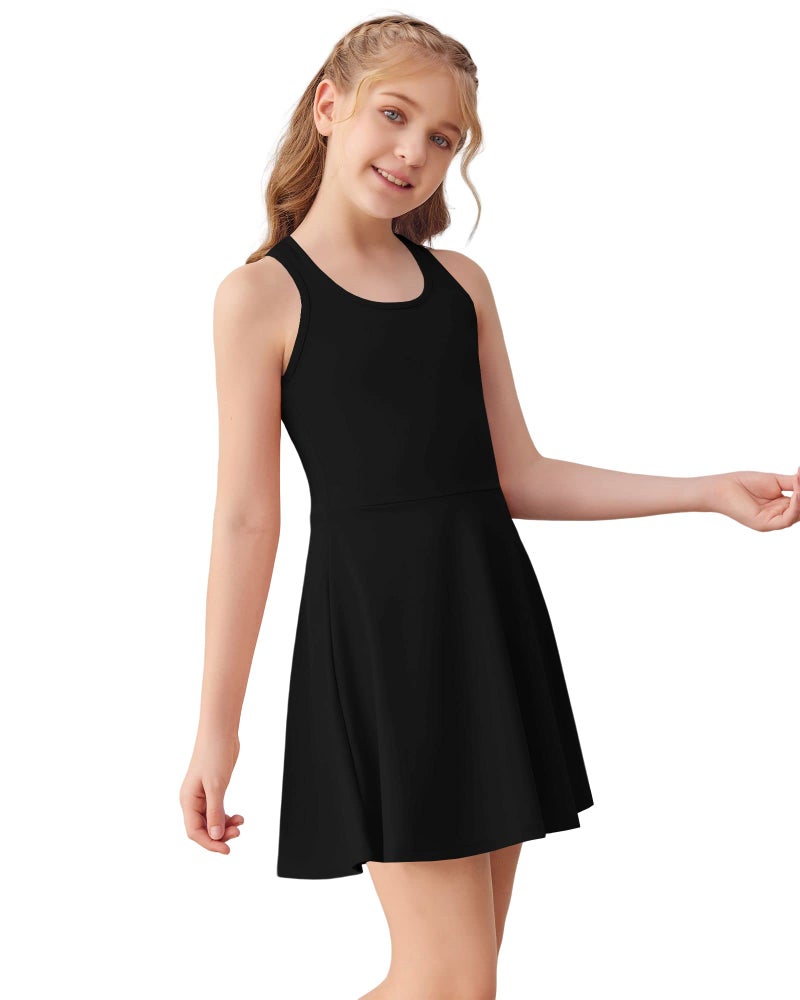 Haloumoning Girls Sleeveless Tennis Dress Kids Racerback Golf Dress School Sports Dresses Outfit with Shorts Pockets Black - Image 4
