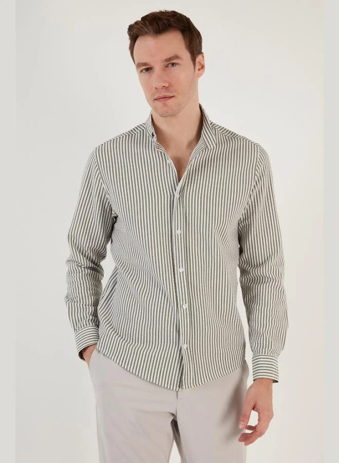 بوراتي قميص رجالي قطني مخطط بياقة بأزرار وأكمام طويلة بقصة عادية