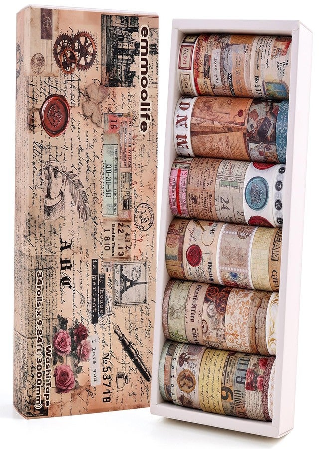 emmoolife 34 Rolls Vintage Washi Tape Set,Letter Map Stamp Stripe Literature Art Writable Aesthetic Washy Decorative Tapes for Scrapbooking, Junk Journal Supplies, Bullet Journaling 5-50mm Wide (3m Long)/Roll - Image 1