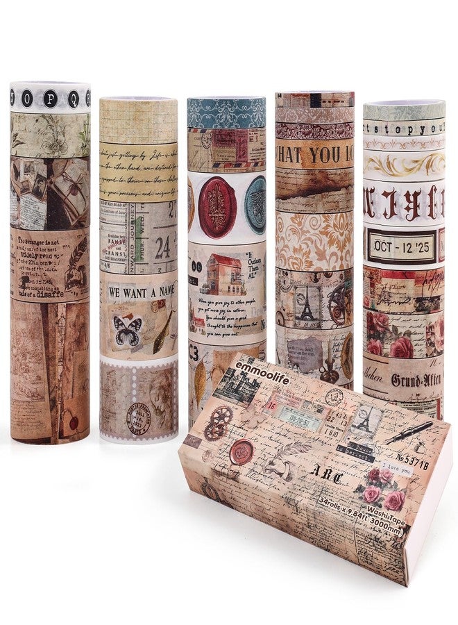 emmoolife 34 Rolls Vintage Washi Tape Set,Letter Map Stamp Stripe Literature Art Writable Aesthetic Washy Decorative Tapes for Scrapbooking, Junk Journal Supplies, Bullet Journaling 5-50mm Wide (3m Long)/Roll - Image 2