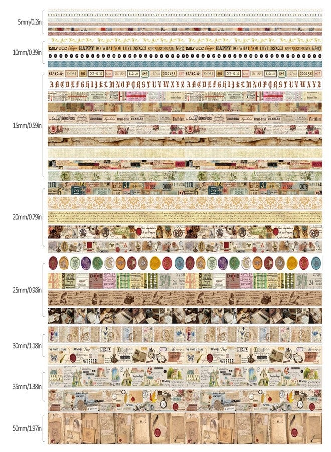 emmoolife 34 Rolls Vintage Washi Tape Set,Letter Map Stamp Stripe Literature Art Writable Aesthetic Washy Decorative Tapes for Scrapbooking, Junk Journal Supplies, Bullet Journaling 5-50mm Wide (3m Long)/Roll - Image 3