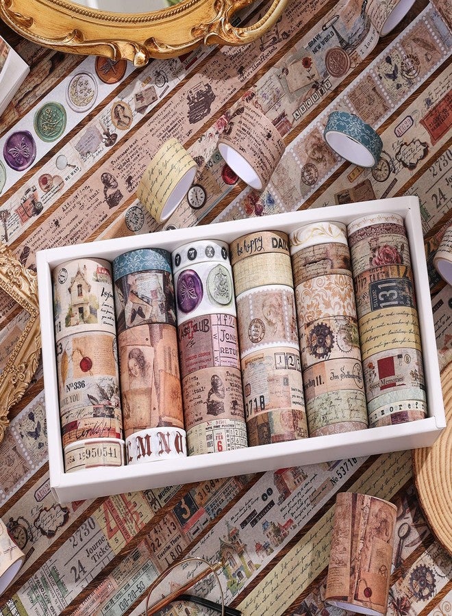 emmoolife 34 Rolls Vintage Washi Tape Set,Letter Map Stamp Stripe Literature Art Writable Aesthetic Washy Decorative Tapes for Scrapbooking, Junk Journal Supplies, Bullet Journaling 5-50mm Wide (3m Long)/Roll - Image 5