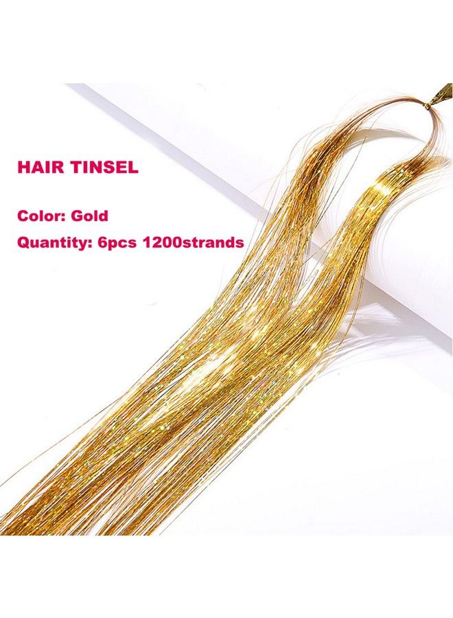 YOOONXI Gold Hair Tinsel Kit With Tool 6Pcs 1200 Strands Hair Tinsel Heat Resistant Fairy Hair Sparkling Shiny Glitter Tinsel Hair Extensions For Women Girls 47Inch - Image 3