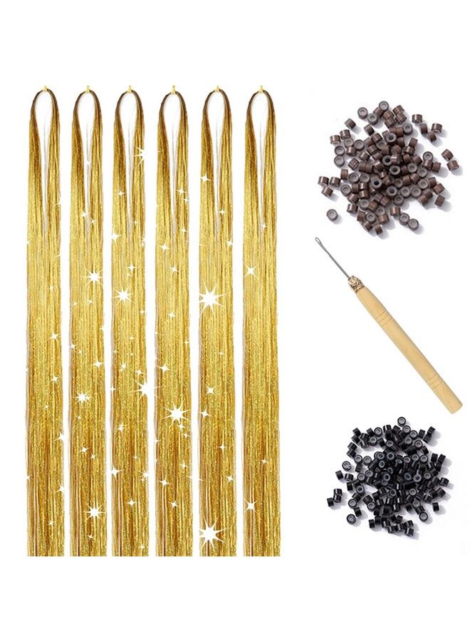 YOOONXI Gold Hair Tinsel Kit With Tool 6Pcs 1200 Strands Hair Tinsel Heat Resistant Fairy Hair Sparkling Shiny Glitter Tinsel Hair Extensions For Women Girls 47Inch - Image 2