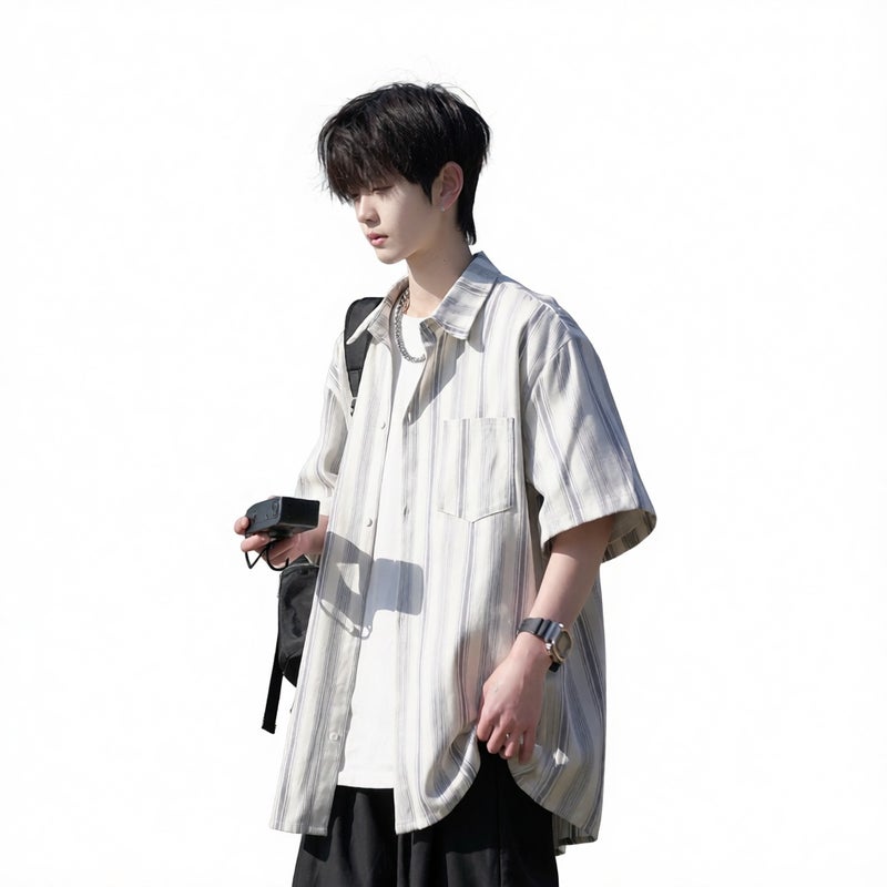 Striped Short Sleeve Casual Shirt for Men Cotton Summer Top - Image 2