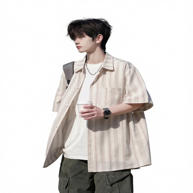 Striped Short Sleeve Casual Shirt for Men Cotton Summer Top - Image 1