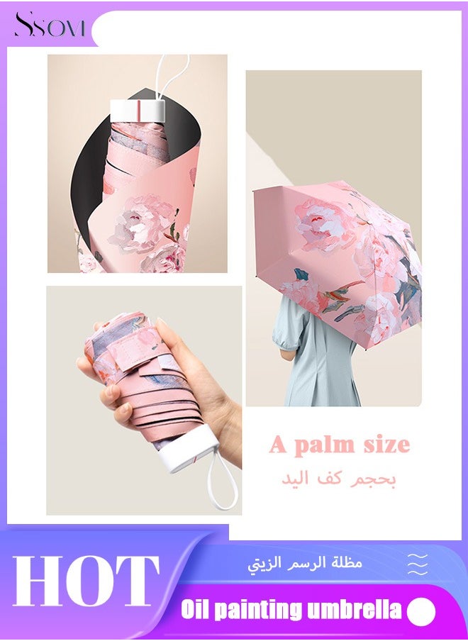 Ssovi Mini Oil Painting Umbrella, Sunshade Umbrella,Small Vinyl Sunscreen UV Pocket Umbrella, Women's Portable Dual-purpose Folding Sun Umbrella, Portable Lightweight Travel Umbrella，Rain and Rain Umbrella  - Image 1