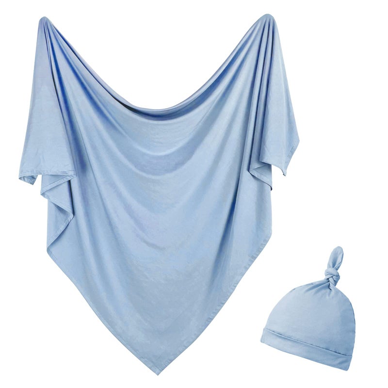 OWLOWLA Newborn Swaddle Set Stretch Wrap Swaddle Receiving Blanket for Baby Boy Girl(Baby Blue-rm) - Image 1
