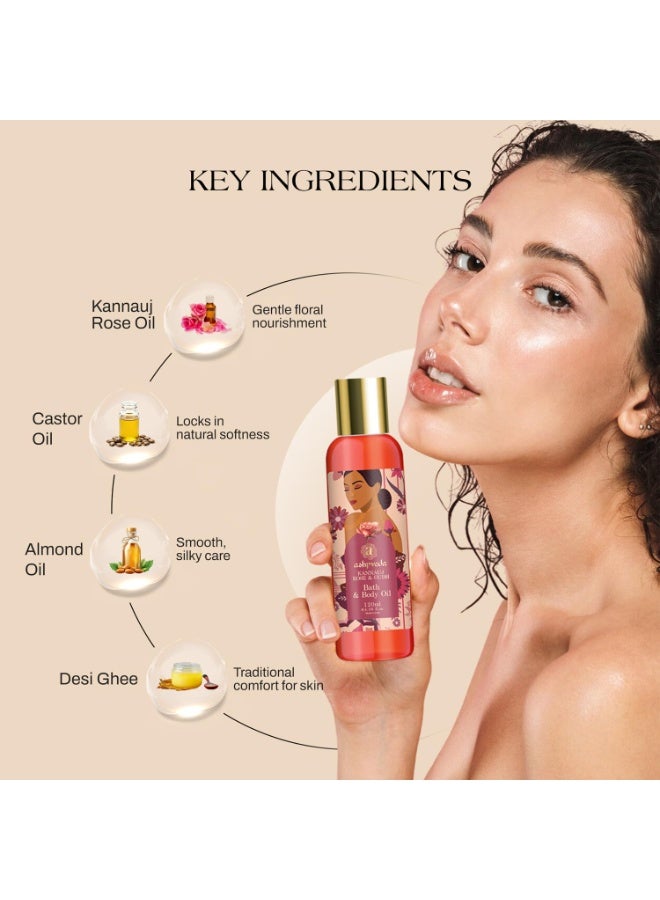 Ashpveda Kannauj Rose & Oudh After Bath & Body Oil | Essential Ayurvedic Herb Enriched Massage Oil for Body Face and Skin (120 ml) - Image 4