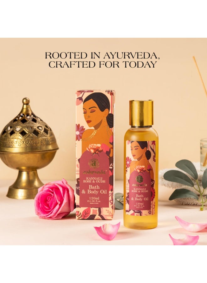 Ashpveda Kannauj Rose & Oudh After Bath & Body Oil | Essential Ayurvedic Herb Enriched Massage Oil for Body Face and Skin (120 ml) - Image 2