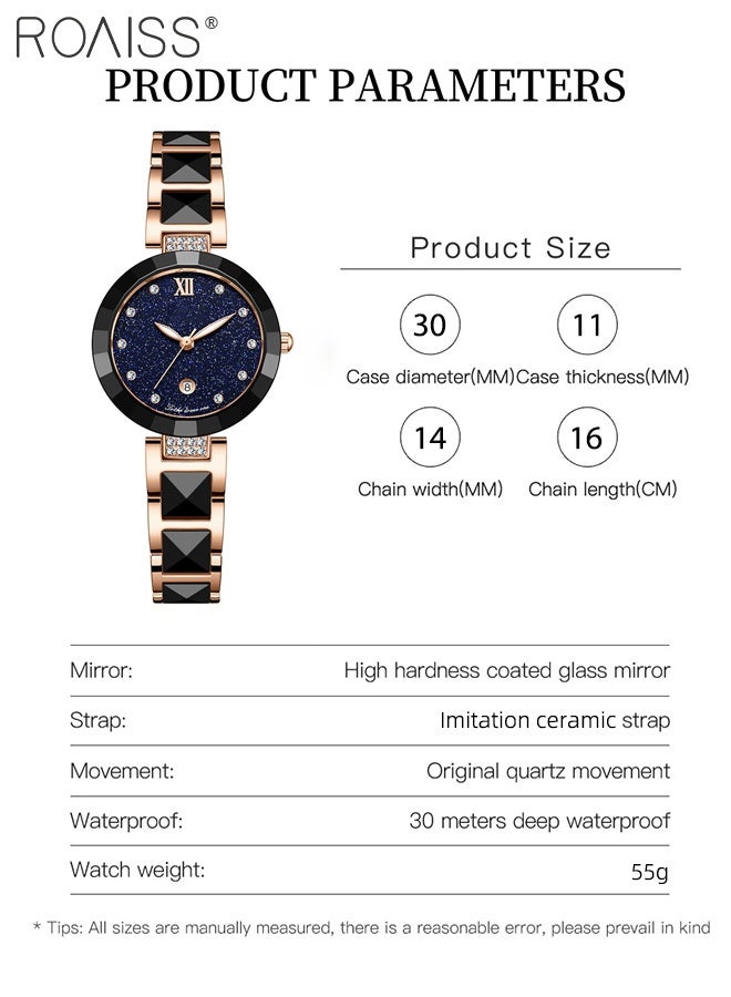 رويس ساعة كوارتز أنيقة للنساء، شاشة تناظرية، قرص دائري مرصع بالنجوم، مرآة مقطوعة بشكل شبه منحرف، ساعة يد فاخرة مقاومة للماء ومضيئة كهدية للنساء - Image 4