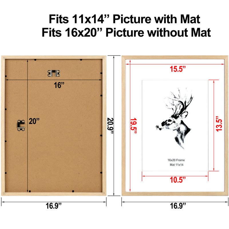 Yaetm 16x20 Picture Frame Matted to 11x14 Set of 4, Natural Solid Oak Wood 16x20 Frame for Gallery Wall, Photos, Posters & Art Prints, Horizontal and Vertical Wall Mount (4 pack, Oak) - Image 2